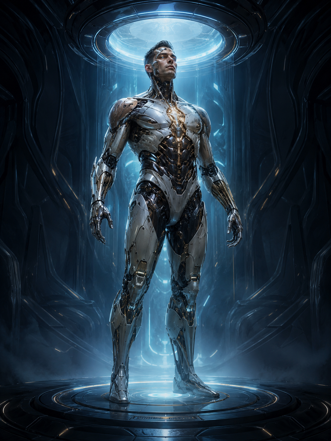 A candidate transformed through advanced technological augmentation